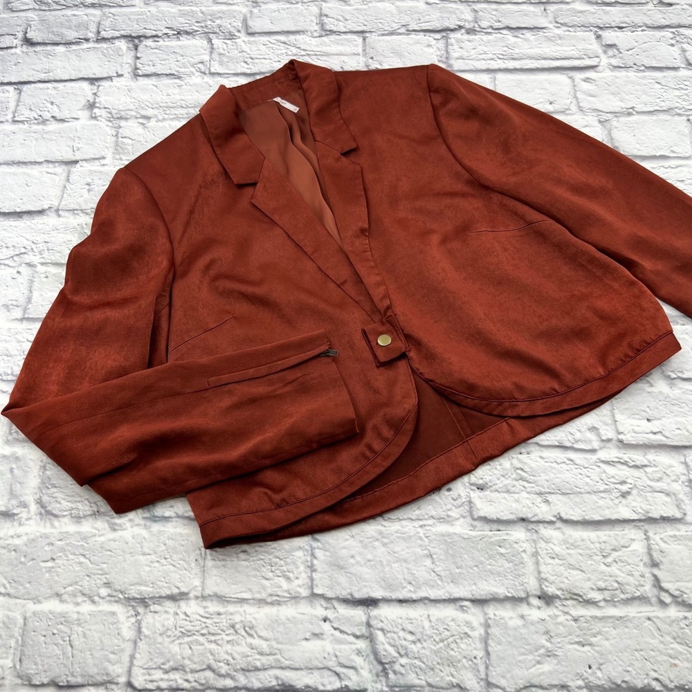 Free People Womens Large Rust Orange Satin Cropped Blazer Jacket Zipper Cuffs